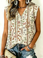Beige Floral Print Sleeveless V-Neck Blouse