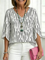 White Black Abstract Stripe 3/4 Split-Sleeve V-Neck Blouse