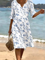 Smocked Waist Leaf Print V-neck Half Sleeve Dress