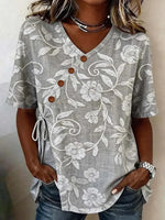 Grey Floral Print V-Neck Short Sleeve Top