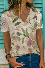 Casual Floral Print V-neck Short Sleeves T-shirt