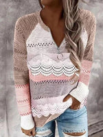 Color Block Crew Neck Zipper Lace Long Sleeves Sweater