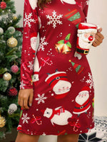 Christmas Print Crew Neck Long Sleeves Mini Dress