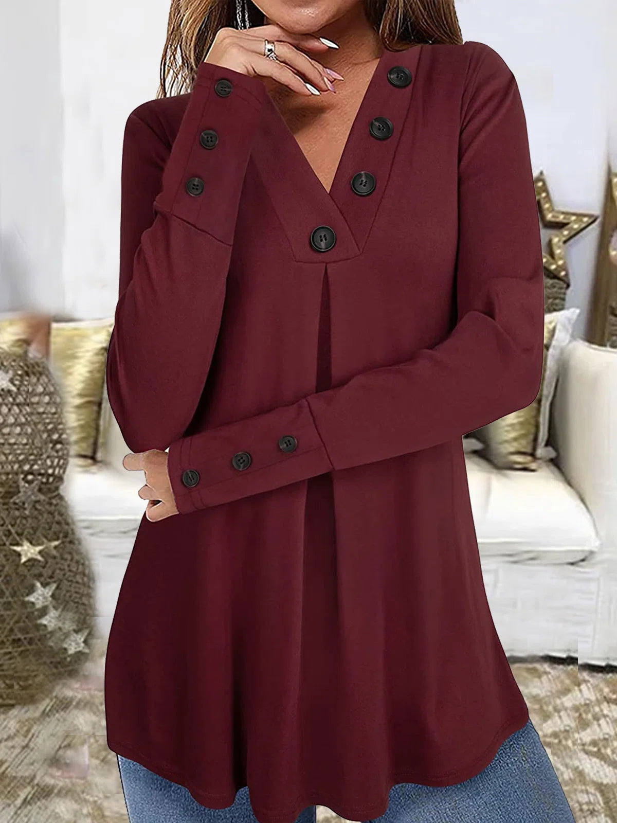 Solid Color V-neck Buttons Elegant Long Sleeves Blouse