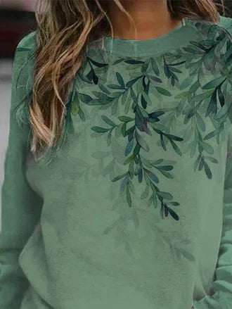 Leaf Print Round Neck Long Sleeves Sweatshirt