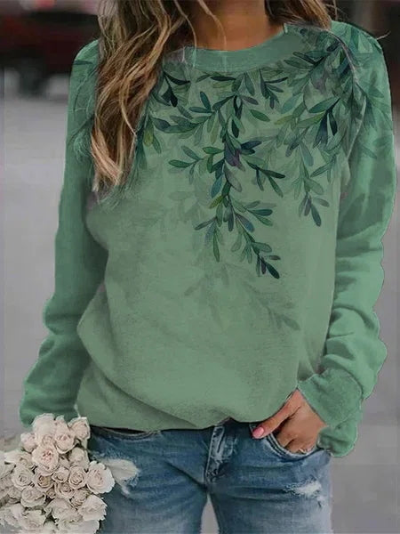Leaf Print Round Neck Long Sleeves Sweatshirt