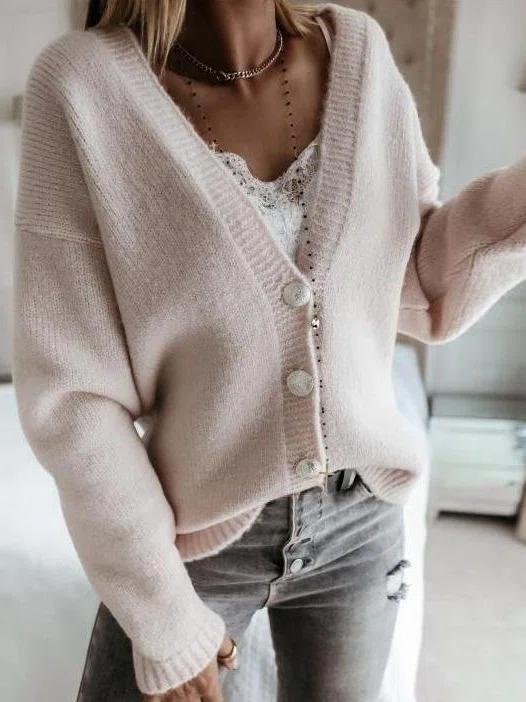 Solid Color V-neck Buttons Long Sleeves Sweater Cardigan