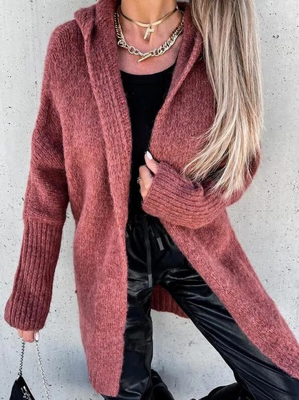 Solid Color Hooded Long Sleeves Sweater Cardigan