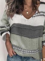Color Block Patchwork V-neck Long Sleeves Sweater