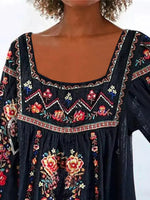 Tribal Floral Print Square Neck 3/4 Sleeves Blouse