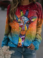 Giraffe Print Gradient Color O-neck Long Sleeves Sweatshirt