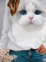 Cute Cat Print Crew Neck Long Sleeves Sweatshirt