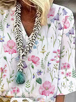 Floral Print V-neck Casual 3/4 Sleeves Blouse