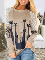 Cartoon Cat Print Patchwork Long Sleeves Sweatshirt