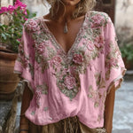 Women's Floral Print Casual V-neck Short-sleeve T-shirt