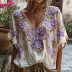 Women's Floral Print Casual V-neck Short-sleeve T-shirt