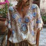 Women's Floral Print Casual V-neck Short-sleeve T-shirt