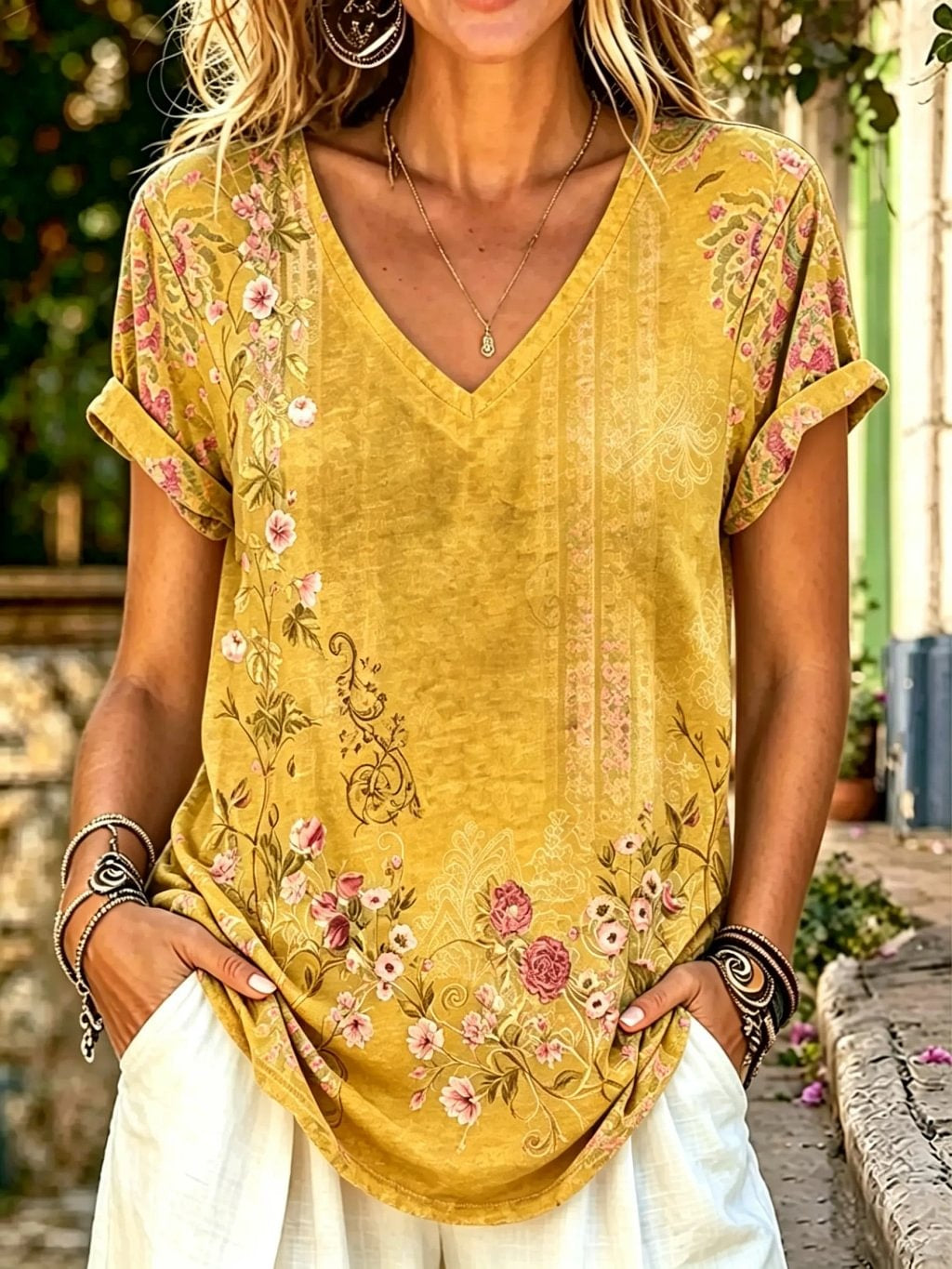 Women's Floral Print Cotton V-Neck Short Sleeve T-Shirt