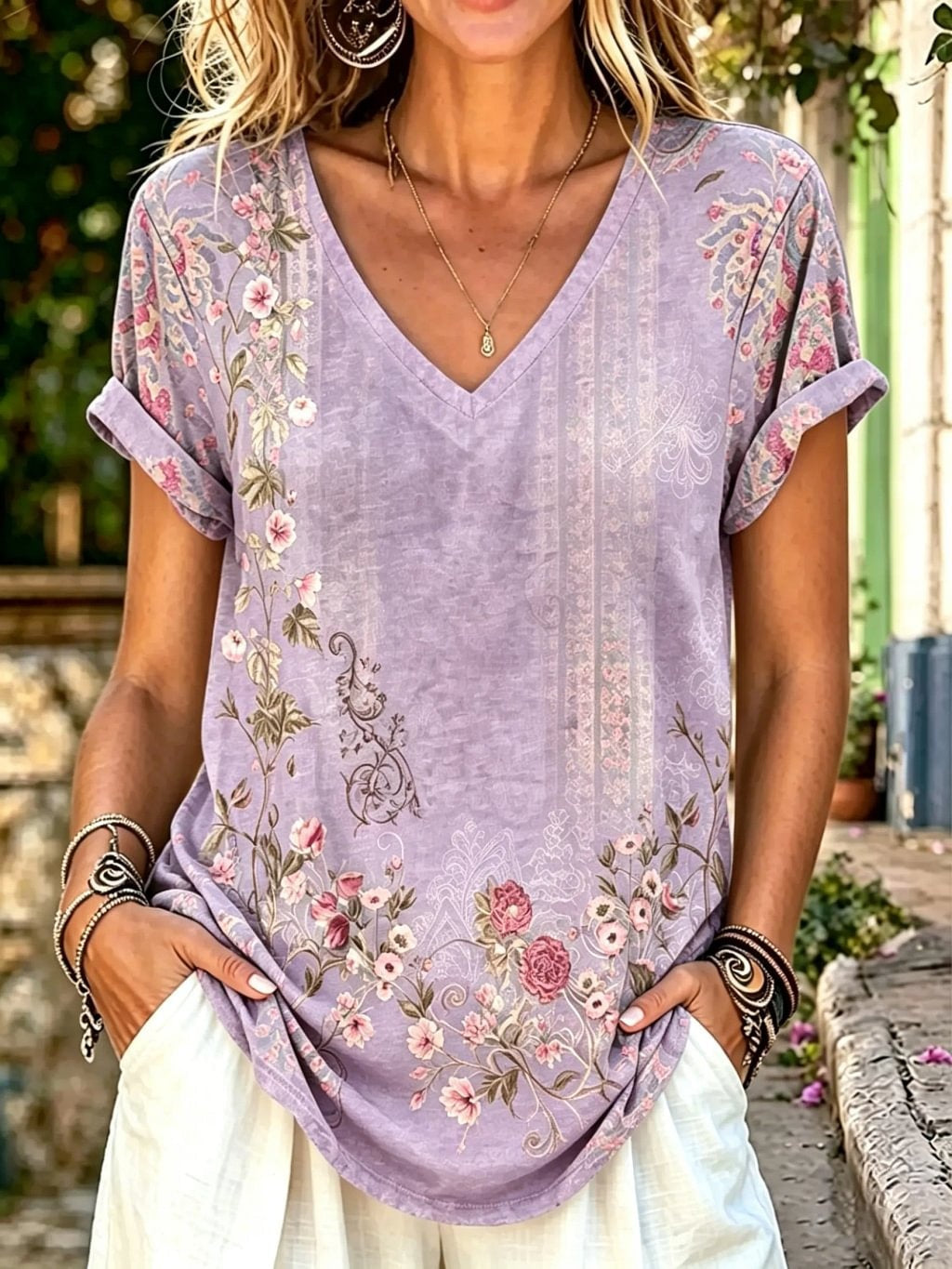 Women's Floral Print Cotton V-Neck Short Sleeve T-Shirt
