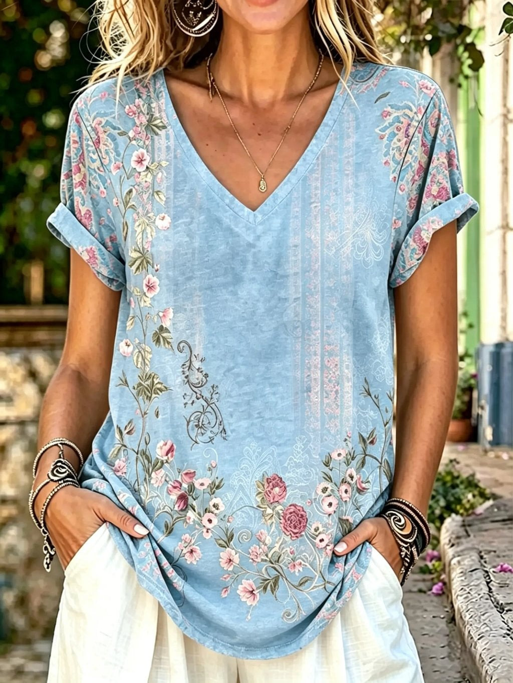 Women's Floral Print Cotton V-Neck Short Sleeve T-Shirt