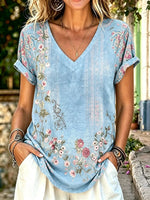 Women's Floral Print Cotton V-Neck Short Sleeve T-Shirt