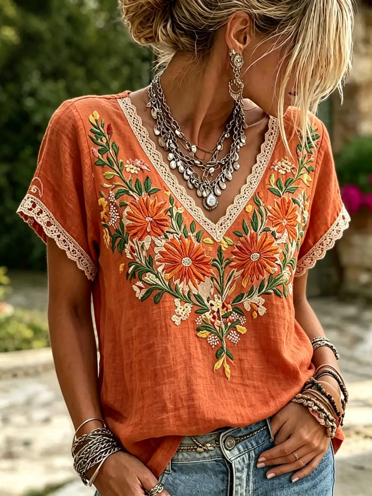 Women's Floral Print Lace Trim V-Neck Short Sleeve Blouse