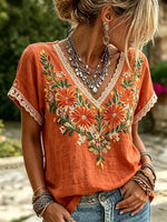 Women's Floral Print Lace Trim V-Neck Short Sleeve Blouse