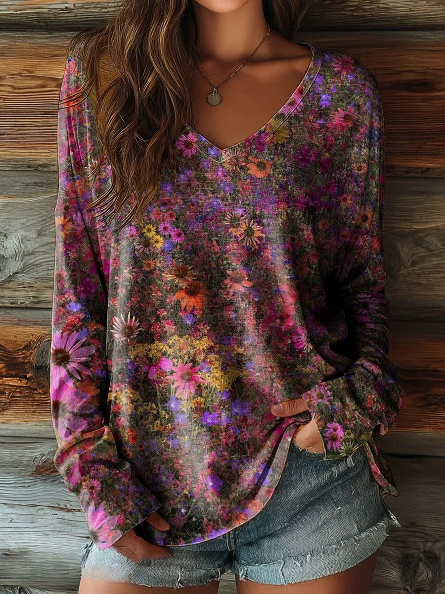 Women's Vintage Floral Art Print Casual V-neck Long Sleeve T-shirt