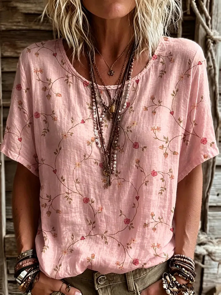 Women's Short-sleeve Crew-neck Cotton-linen T-shirt With Floral Art Print