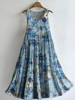 Vintage Floral-embellished Patterned Art Print V Neck Sleeveless Cotton Pocket Dress