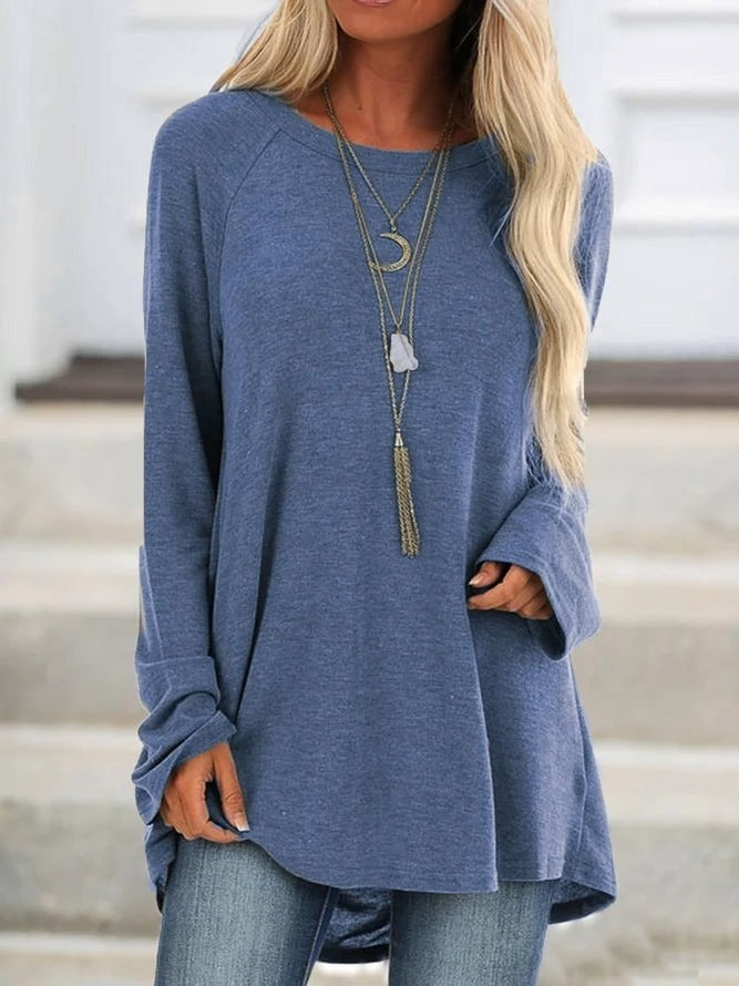 Solid Round Neck Loose Long Sleeves T-shirt