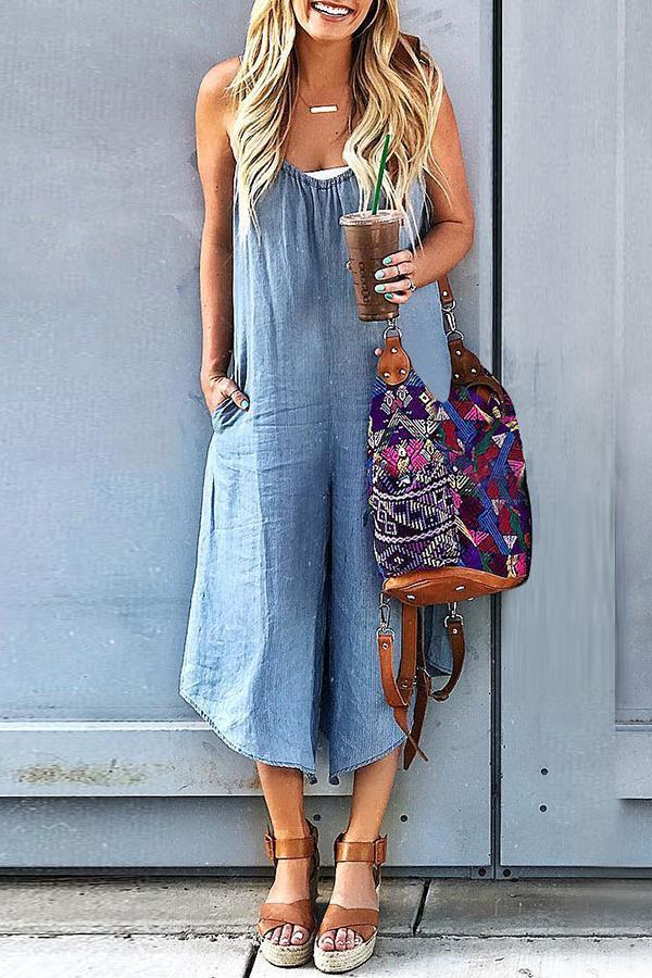 Women's Solid Color with Pockets Casual Wide Leg Jumpsuit