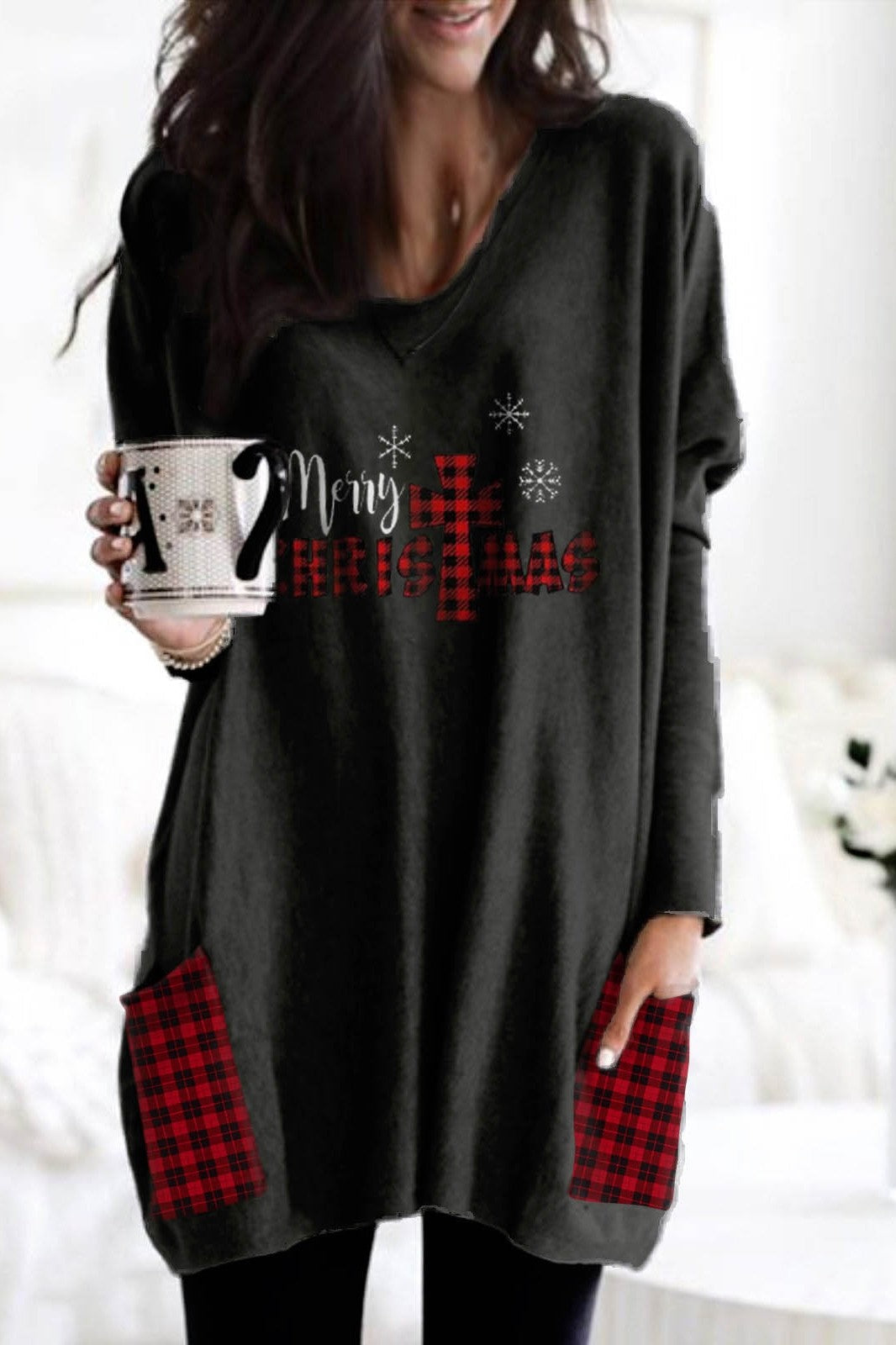 Merry Christmas Print Plaid Casual V-neck Sweatshirt