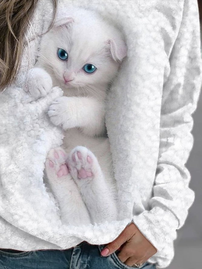 Crew Neck Cat Print Casual Sweatshirt