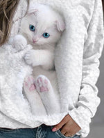 Crew Neck Cat Print Casual Sweatshirt