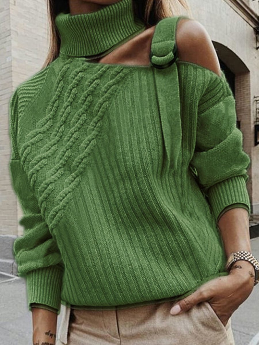 Solid Color High Neck Off-Shoulder Long Sleeves Sweater