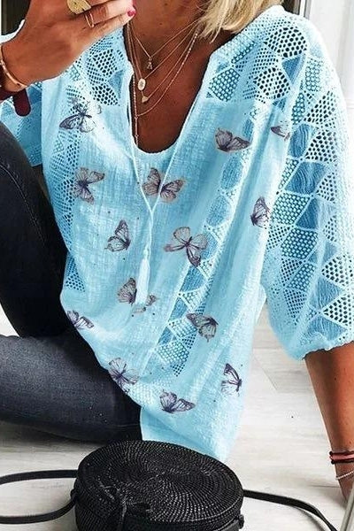 Ladies Butterfly Print V-neck 3/4 Sleeves Blouse