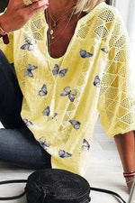 Ladies Butterfly Print V-neck 3/4 Sleeves Blouse