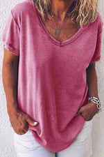 Solid Color Casual V-neck Short Sleeves T-shirt