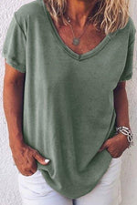 Solid Color Casual V-neck Short Sleeves T-shirt