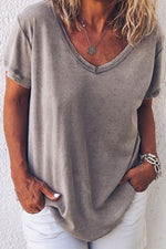 Solid Color Casual V-neck Short Sleeves T-shirt