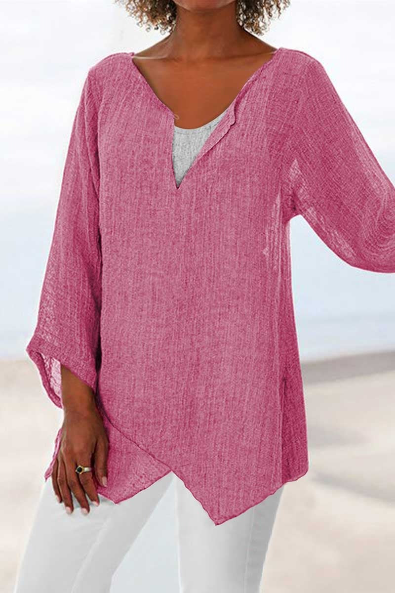 Women's V-neck Solid Color Irregular 3/4 Sleeves Blouse