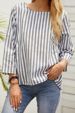 Stripe Print Round Neck 3/4 Sleeves Shirts & Tops