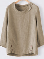 Plain Buttons Round Neck 3/4 Sleeves Blouse