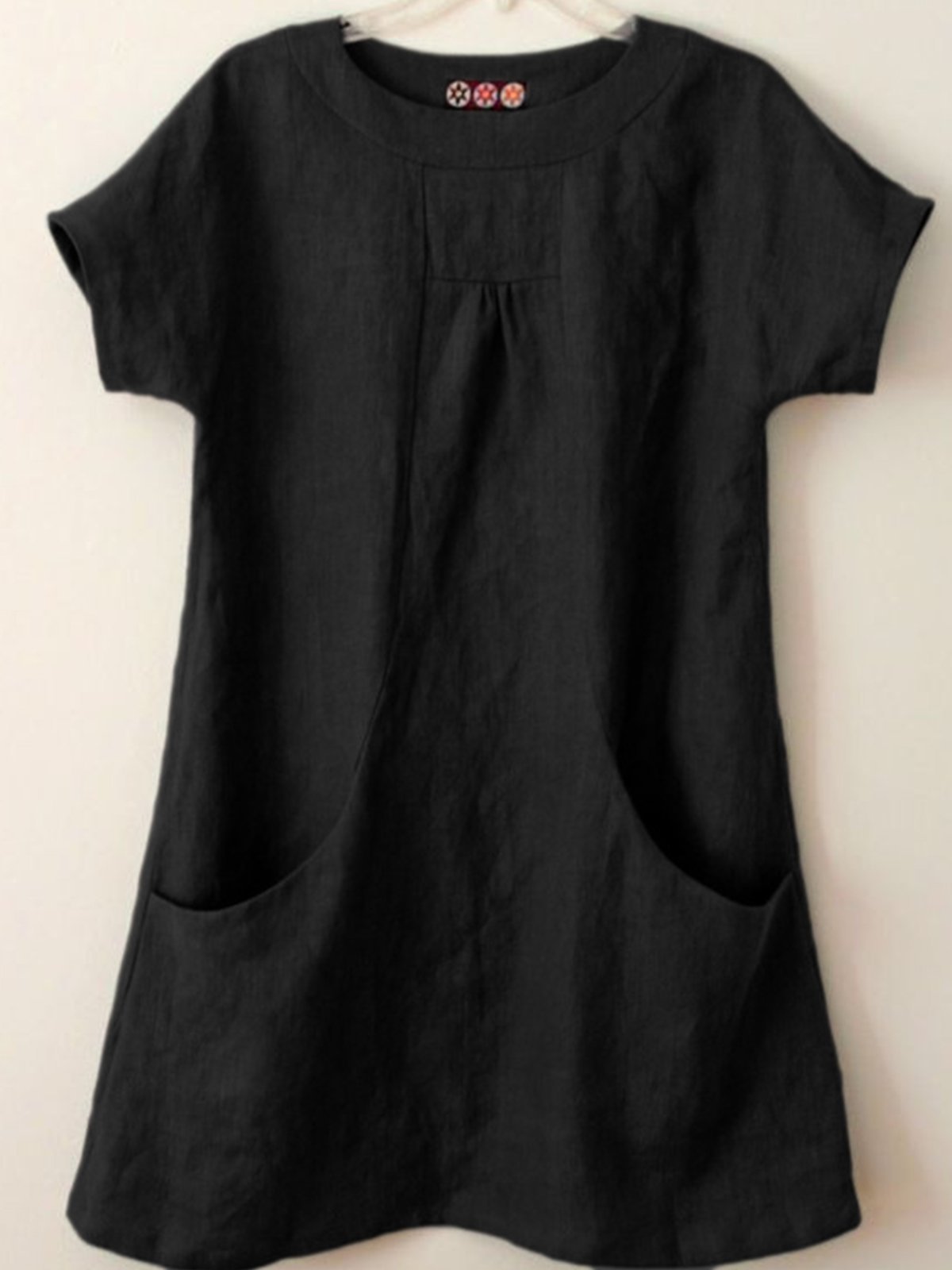 Plain Pockets Round Neck Short Sleeves Blouse