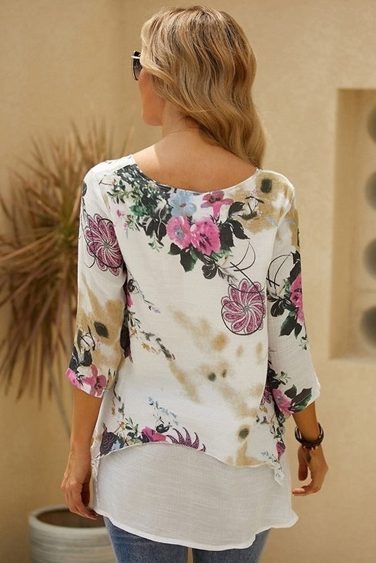 Floral Print Round Neck Half Sleeves Plus Size Blouse