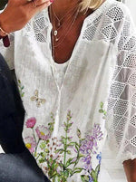 Daily White Floral V-neck 3/4 Length Sleeves Shirt