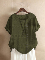 Geometric Print Buttons Round Neck Short Sleeves T-shirt