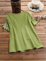 Cartoon Cat Print Buttons Round Neck Short Sleeves T-shirt