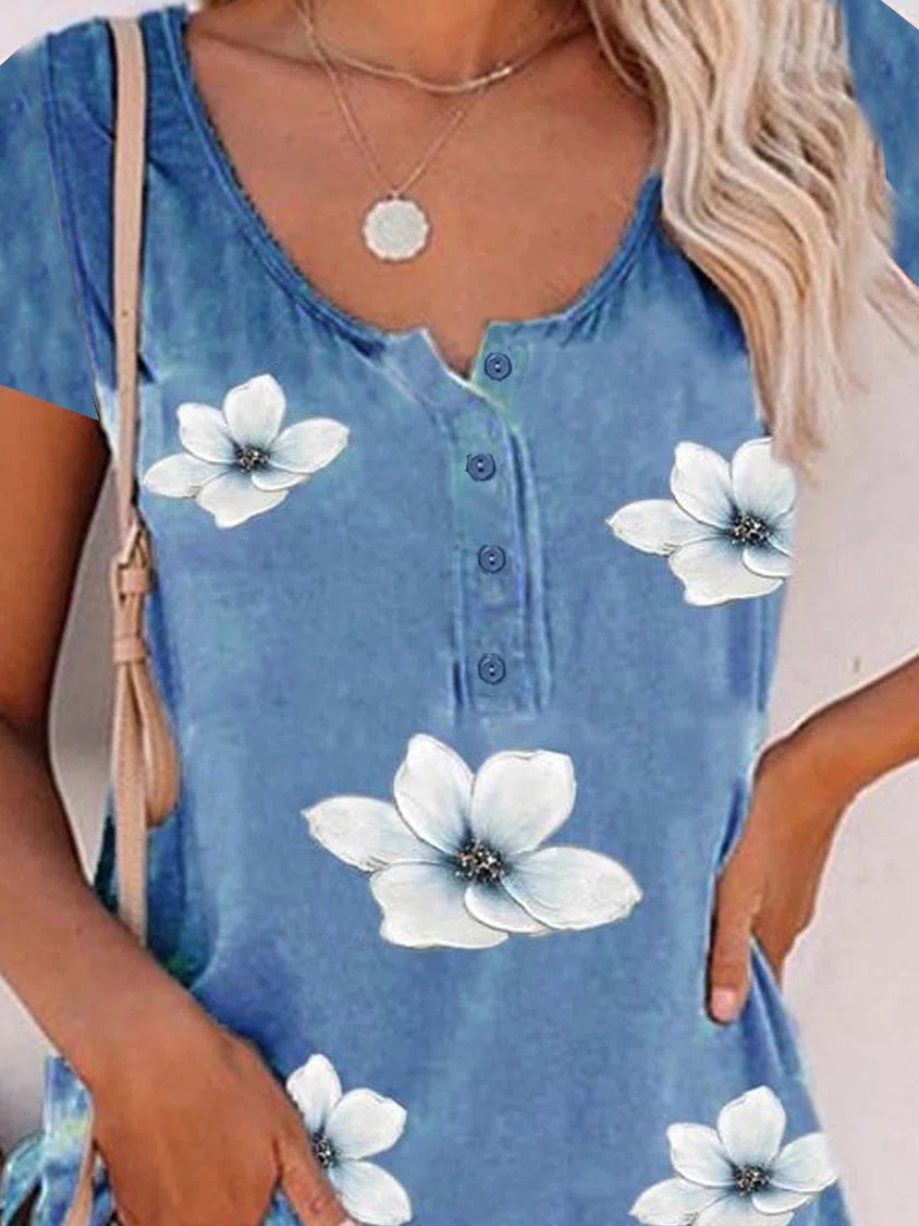 Floral Print Buttons Short Sleeves T-shirt